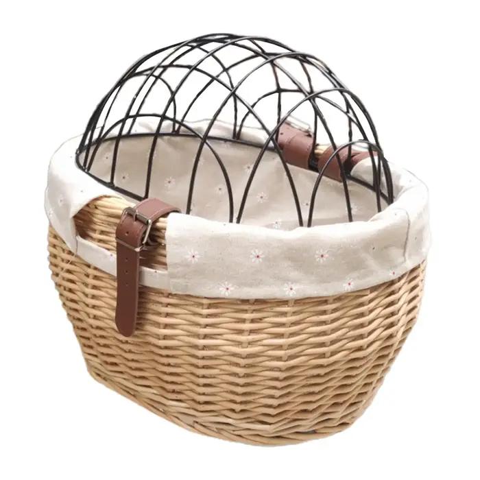 Panier de vélo en osier pour petits chiens et chats, panier avant avec couvercle en treillis métalli