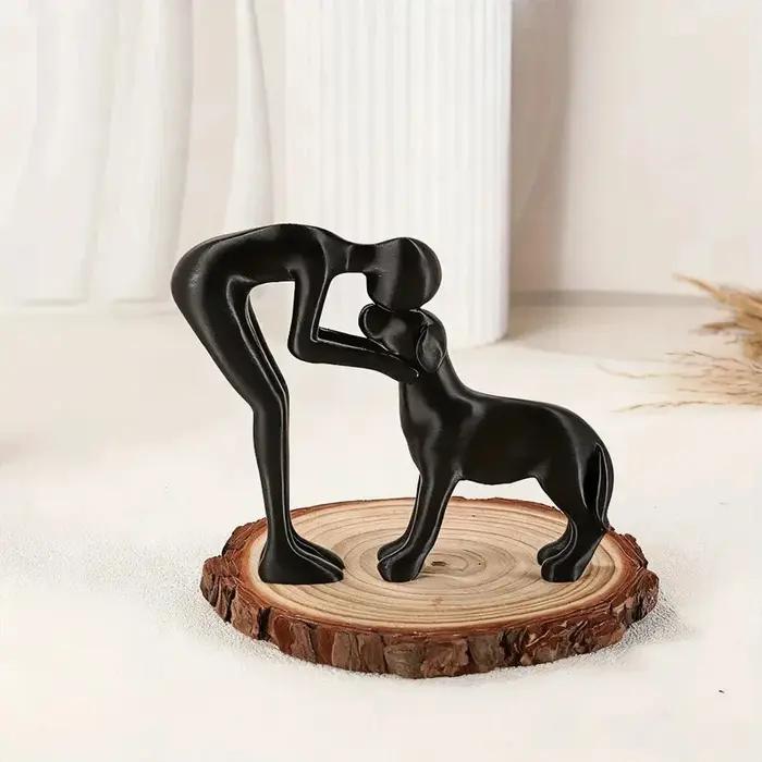 Sculpture d'art abstraite représentant un chien noir et son propriétaire pour la décoration de la maison et du bureau occasion spéciale pour les amoureux des animaux