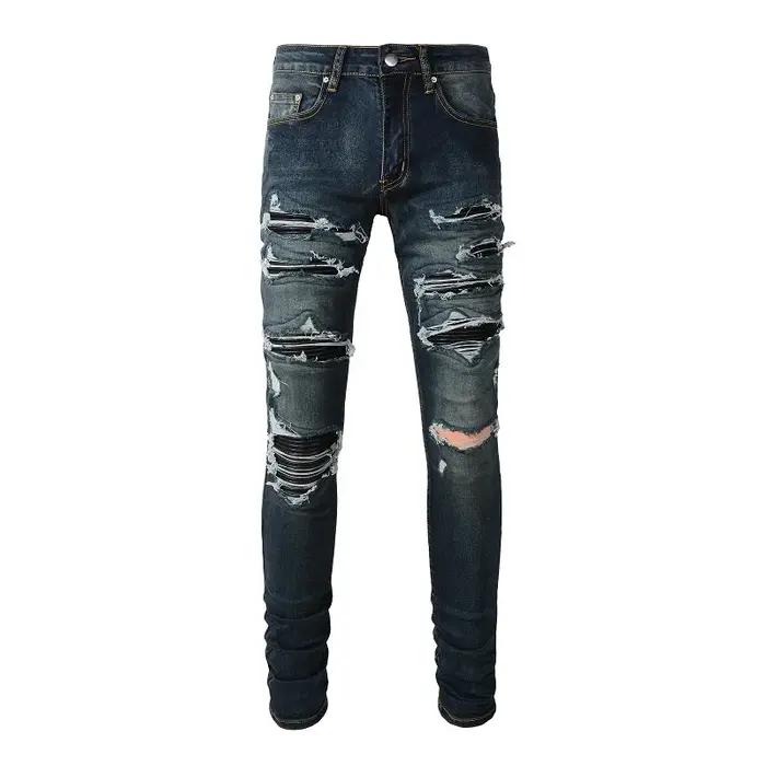 Jean en denim Sokotoo pour hommes avec patchs en cuir noir et trous déchirés style streetwear occasionnels four seasons adaptable