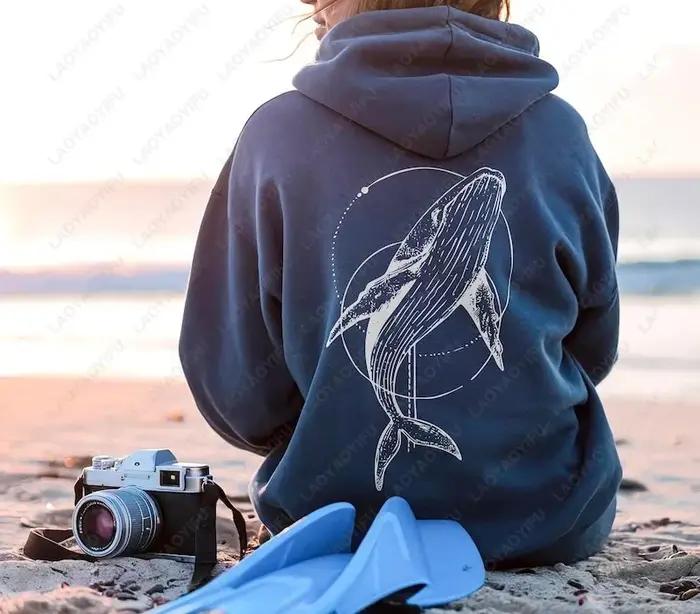 Baleine poisson vie marine pull à capuche pour les amoureux de l'océan hommes femmes cadeau plongée noix de coco plage fille automne mode sweat cadeaux