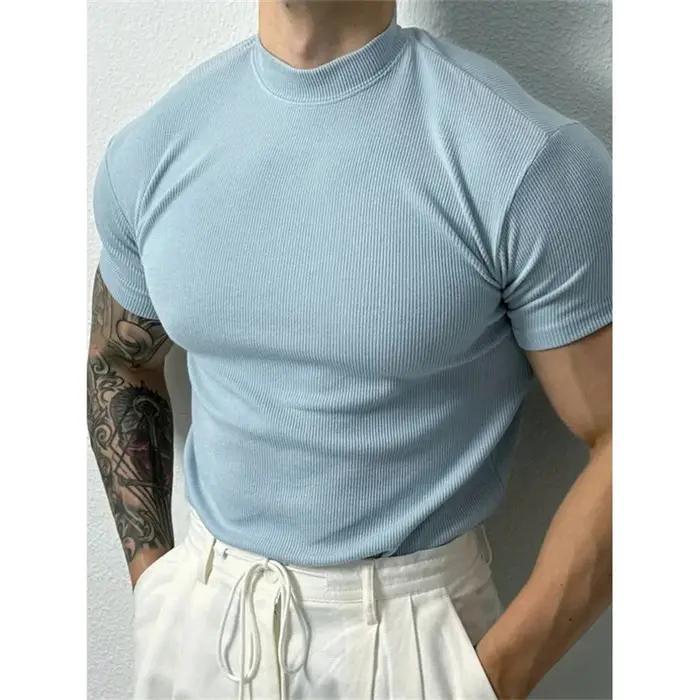 Printemps été élastique hommes T-shirt petit col haut rayure chemise à manches courtes haut de fitne