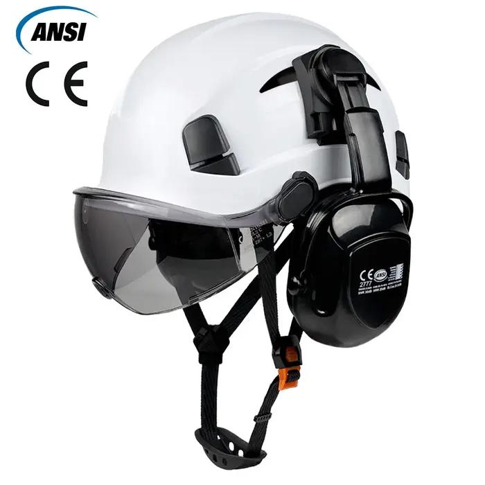 Casque de sécurité CE avec pare-soleil, lunettes de protection, protège-oreilles, casque léger en ABS, casque de protection réglable avec ventilation, protection de la tête, ANSI