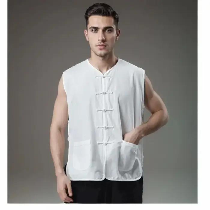 Vêtements traditionnels chinois kung fu pour hommes, tai chi, mode d'été décontractée, gilet en coton et lin