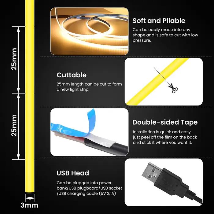 Bande lumineuse LED COB PCB 5V 3mm, USB, avec interrupteur, variateur, télécommande, 320LED, éclaira