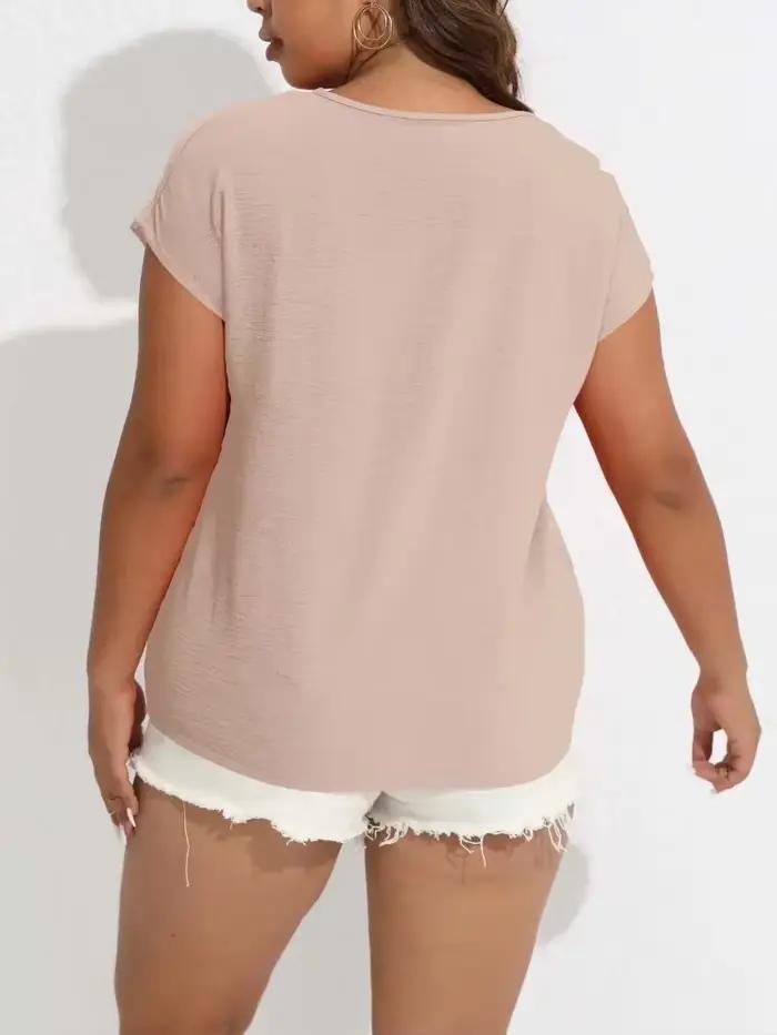 Chemisier uni à col en V pour femmes, grande taille 1XL-5XL, chemisier décontracté à manches courtes pour printemps et été, vêtements grande taille pour dames