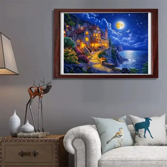 Puzzle en bois au château côtier au clair de lune avec pièces uniques en forme d'animal