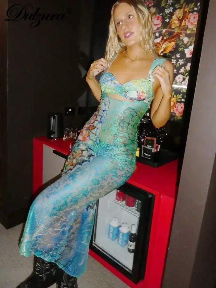 Dulzura – robe Maxi découpée en dentelle imprimée, moulante, Sexy, Club de fête, tenues Y2K, Streetw