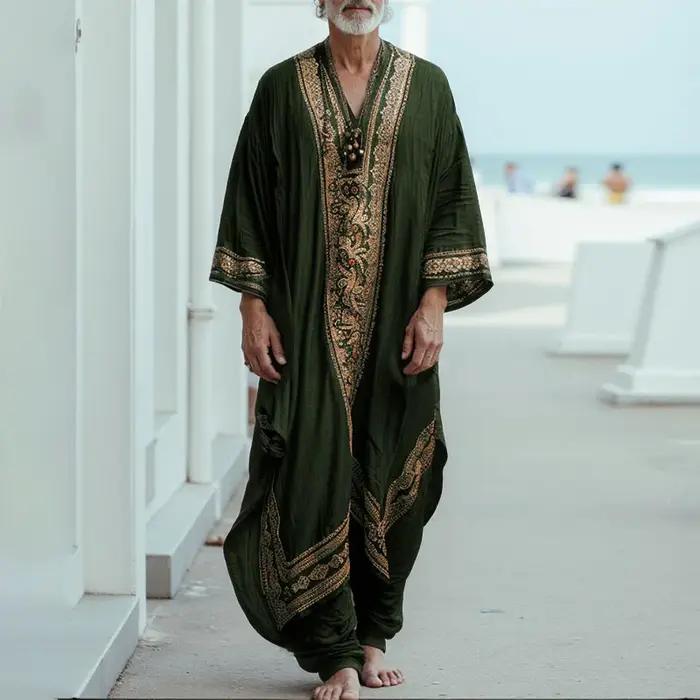INCERUN hommes Jubba Thobe impression Patchwork col en V à manches longues
