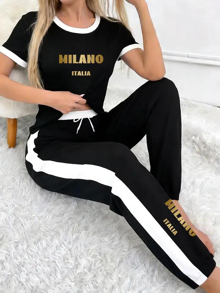 Imprimés personnalisés, designs aux couleurs contrastées, costumes pour femmes, hauts et pantalons à manches courtes pour le printemps et l'été, tenues décontractées sportives en deux pièces pour femm