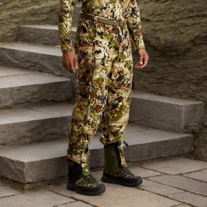 Pantalon long en duvet de canard 90%, camouflage, taille élastique, doublure en nylon et spandex, pour chasse et randonnée hivernale, confort et discrétion garantis