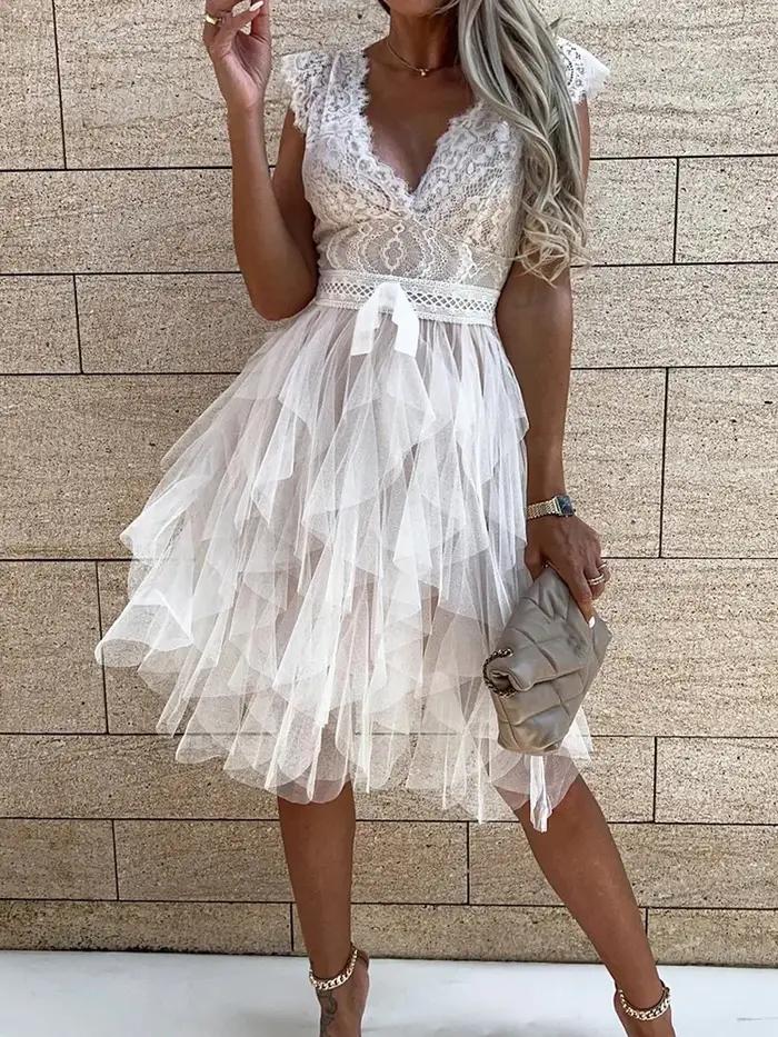 Dentelle col en V femmes taille haute robe unie été dame Patchwork maille