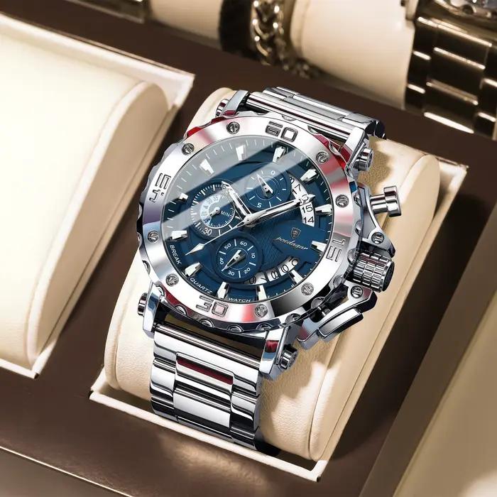 Montre POEDAGAR luxe pour homme - Chronographe étanche lumineux avec calendrier en acier inoxydable