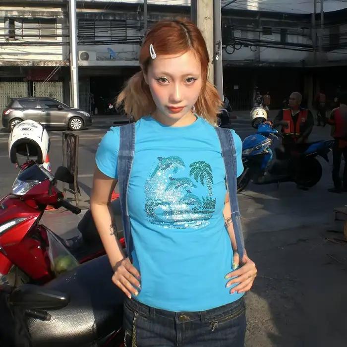 Karrram japonais Y2k strass T-shirt Vintage Harajuku diamant imprimé t-shirts Trashy 2000s esthétiqu