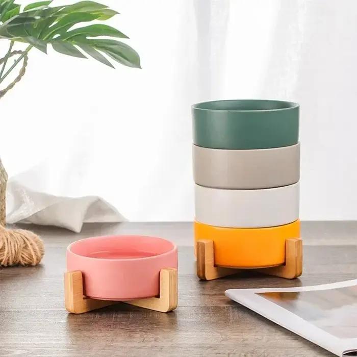 Filles en céramique pour animaux de compagnie avec support en bois