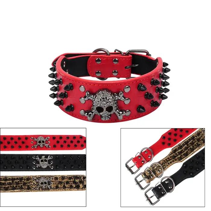 Ensemble collier de chien clouté de crâne noir gothique d'Halloween et laisse en PU – Anti-masticage pour les races