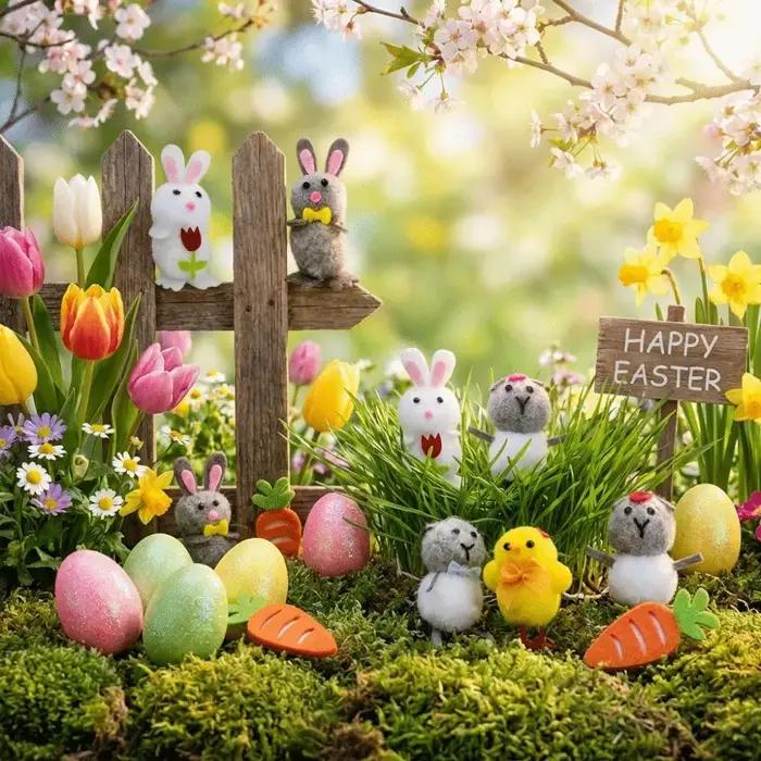 Ornement artisanal de Pâques : Œufs de Pâques, figurine réaliste de lapin et poussin, lapin mignon, poulet, pour fête festive