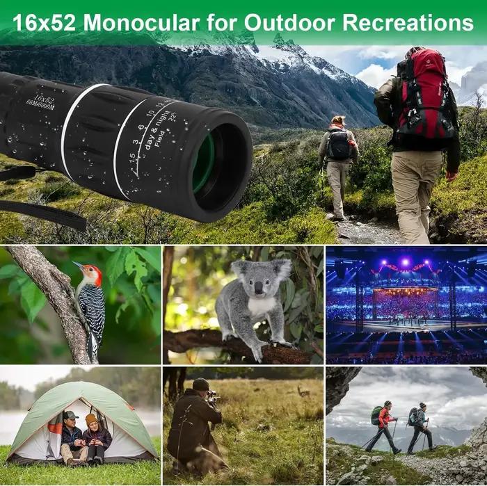 Monoculaire 16x52 Double Mise au Point Portable pour Camping Pêche Chasse Observation à Longue Portée