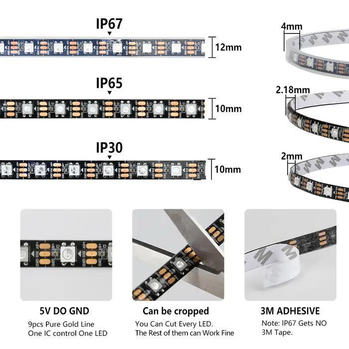 Bande lumineuse LED intelligente RGBIC, WS2812B, DC5V, USB, IC adressable, 30/60 Pixels, LED, m, IP3