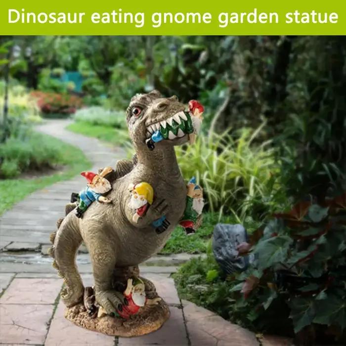 Statue de dinosaure mangeant un gnome drôle, art de la cour, artisanat en résine, décor de jardin à