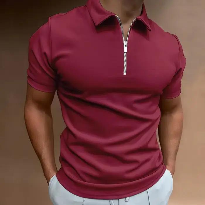 Polo d'été à manches courtes pour hommes, couleur unie, col rabattu, fermeture éclair, style décontracté, polyester, anti-rides, pour occasions estivales et streetwear