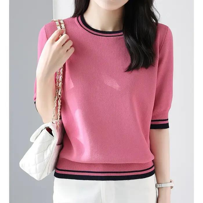 Vêtements pour femmes 2024 mode d'été contraste couleur élégant doux tricoté T-shirts décontracté col rond demi manches hauts pullover amples