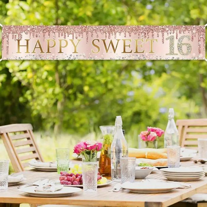 16e anniversaire "Banner Happy and Sweet Party – Décoration intérieure/extérieure en polyester