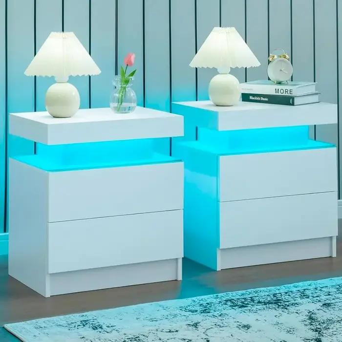 Ensemble de 2 tables de chevet LED avec 2 tiroirs, ensemble de 2 tables de chevet avec lumière LED,