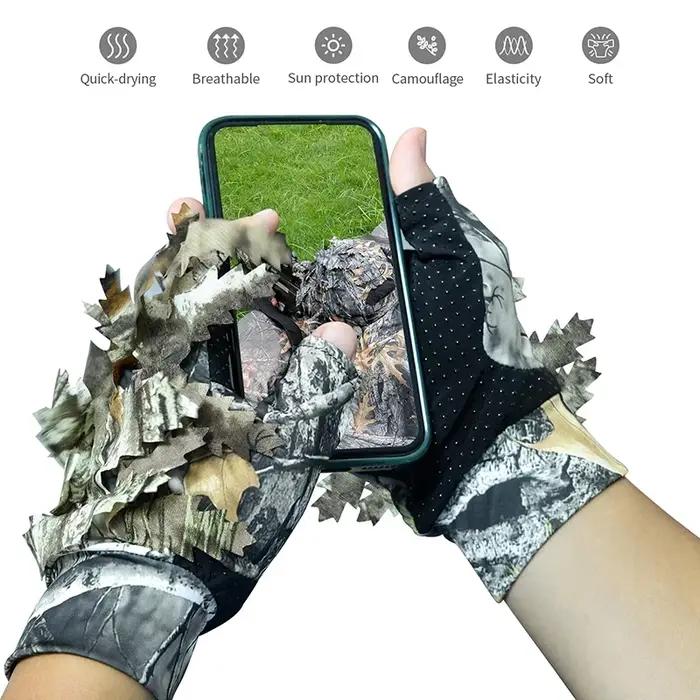 Gants camouflage bionique arbre pour chasse, pêche et observation d'oiseaux - antidérapants et fins