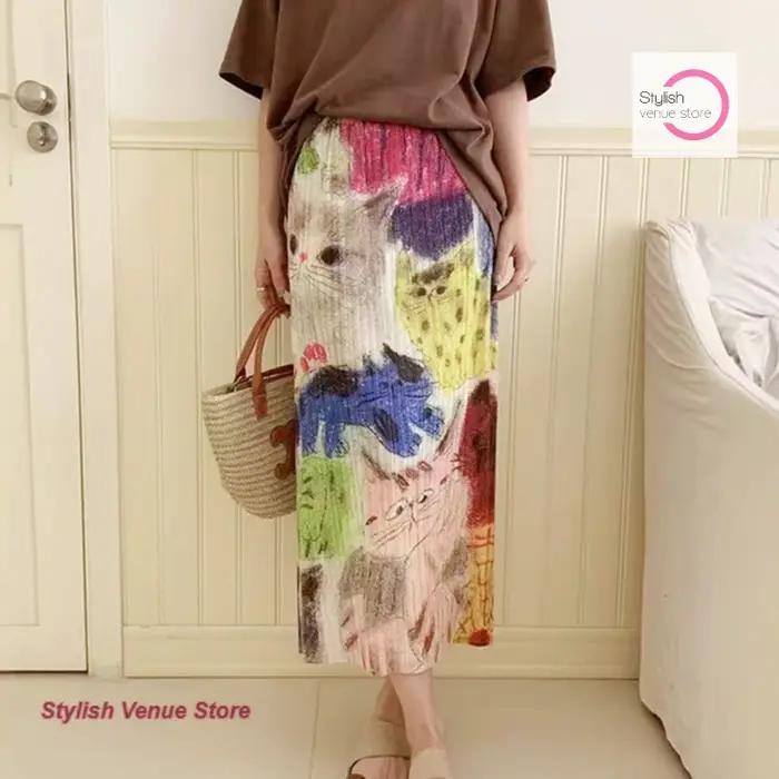 Jupe plissée imprimée Issey Miyake haut de gamme de style japonais pour femme, niche d'été, slim, haut sens, nouvelle jupe chaton.