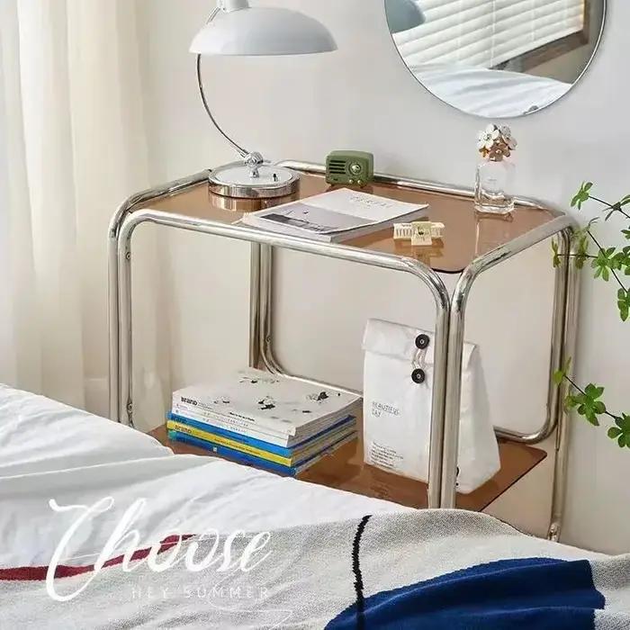 Table basse en acier inoxydable de style nordique, rangement à double couche, table d'angle, petit c