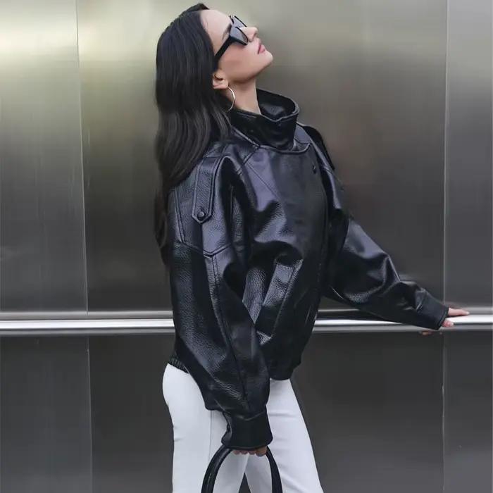 MUJER Faux cuir femme veste noir surdimensionné Bomber vestes pour femmes vêtements d'extérieur hive