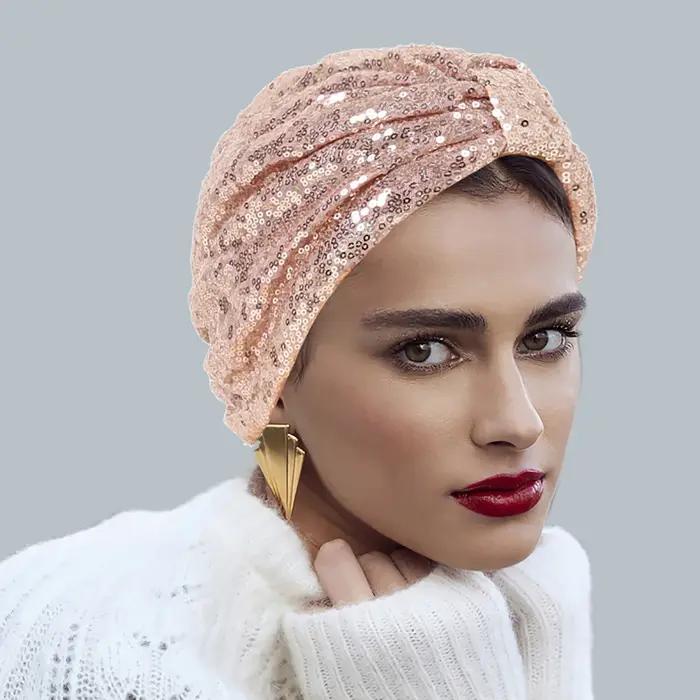 Chapeau turban noué à paillettes pour femmes, bonnet musulman brillant, vêtements de sauna, bonnet f