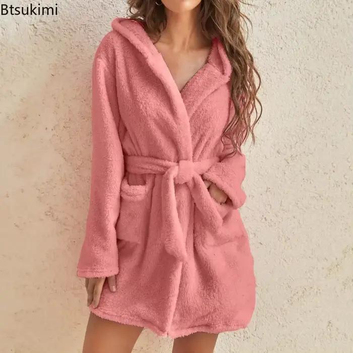 Robe de bain pour femmes, pyjama d'hiver en peluche moelleuse, Sexy, à capuche, couleur unie, peignoir chaud, vêtements de maison