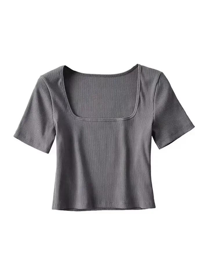 T-shirt court côtelé à col carré pour femmes, haut court à manches courtes
