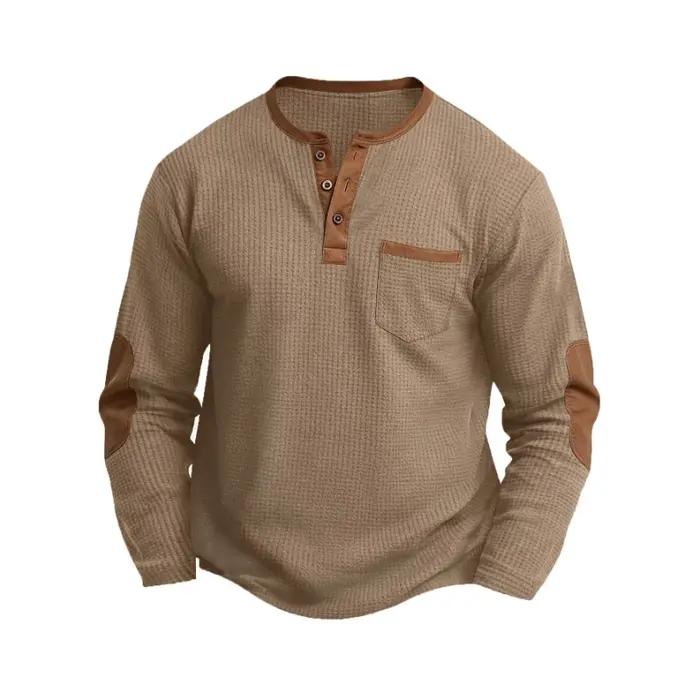 T-shirt Homme Nouvelle Collection Printemps-Automne en Coton Gaufré à Manches Longues et Col Henley