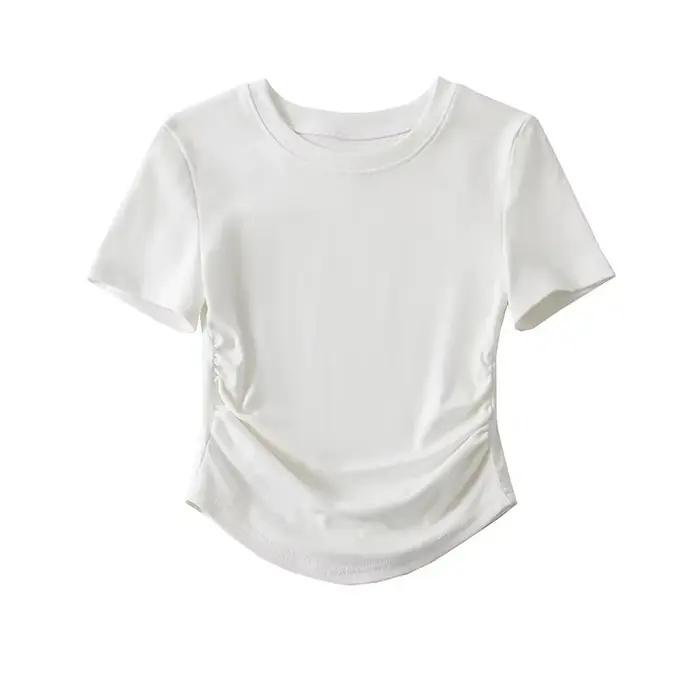 T-shirt Harajuku à manches courtes pour femmes junior en coton polyester solide avec détails froncés pour l'été style urbain