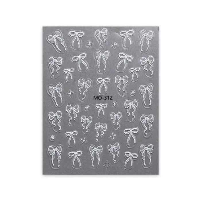 Autocollants pour ongles à nœud papillon, ruban blanc en Relief 3D, mignon, rose doux, autocollants