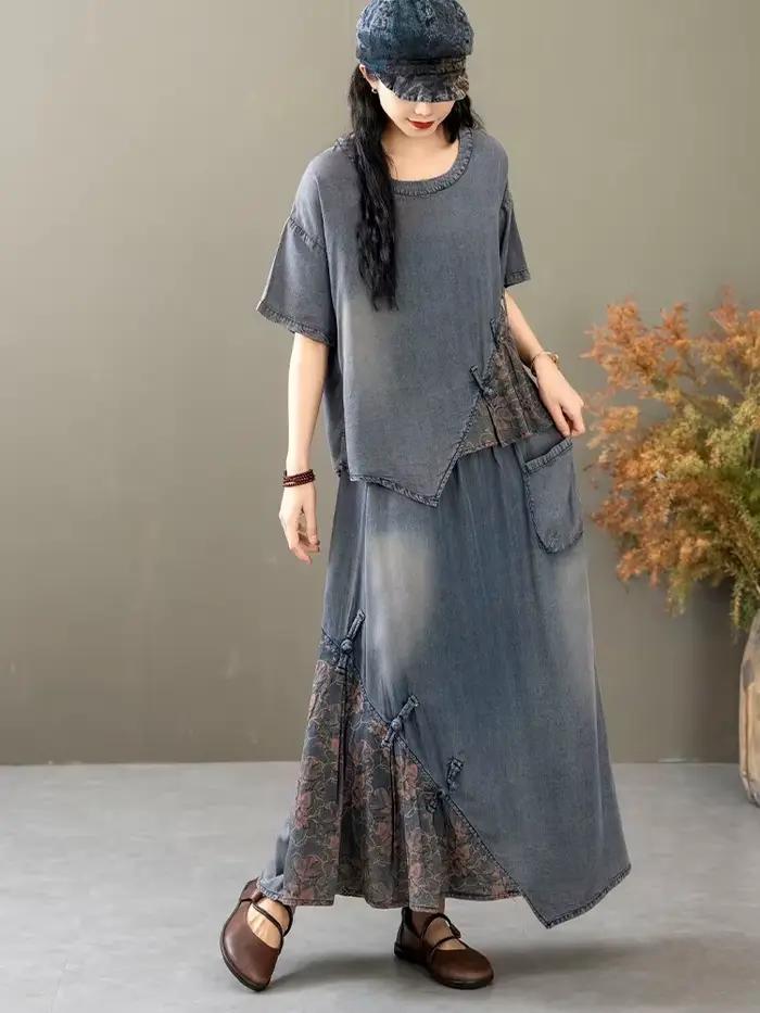 AmaxluluE 2025 costumes d'été femmes chinois 2 pièces ensembles décontracté imprimé Denim tenues de