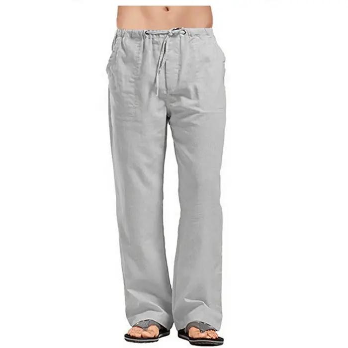 Pantalon d'été en coton et lin pour hommes, couleur unie, respirant, décontracté, taille élastique,