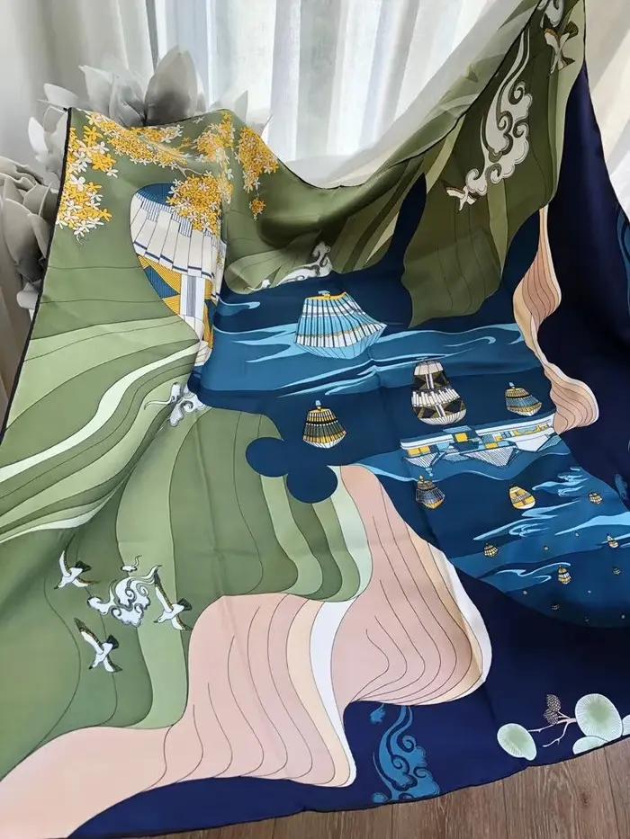 BYSIFA – écharpe carrée en soie Pure pour femme, châle, Hijab, bleu, vert, marque de luxe, collectio