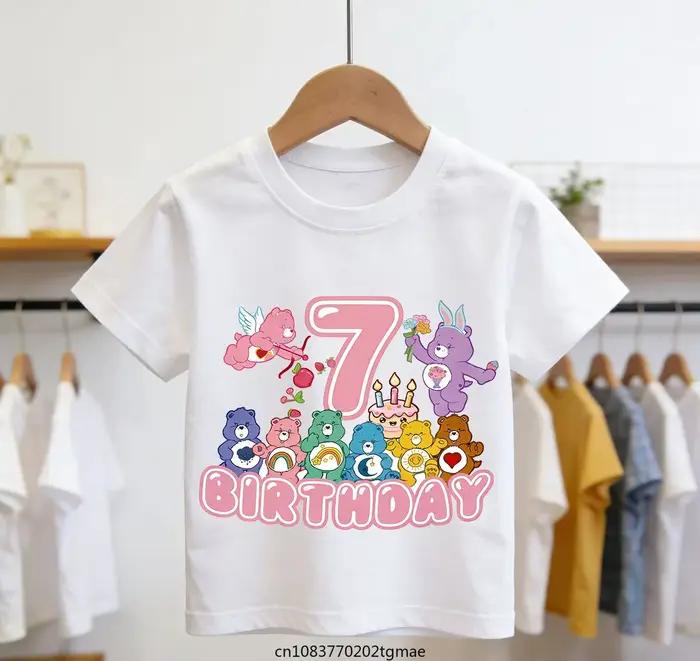 T-shirt à manches courtes pour filles, avec numéro d'anniversaire, motif Care Bear, pour enfants, ét