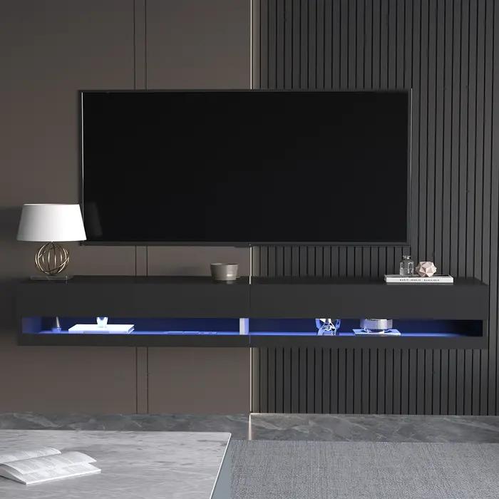 Support TV flottant pour TV 75/80 ", support TV mural LED avec prises de courant, console multimédia