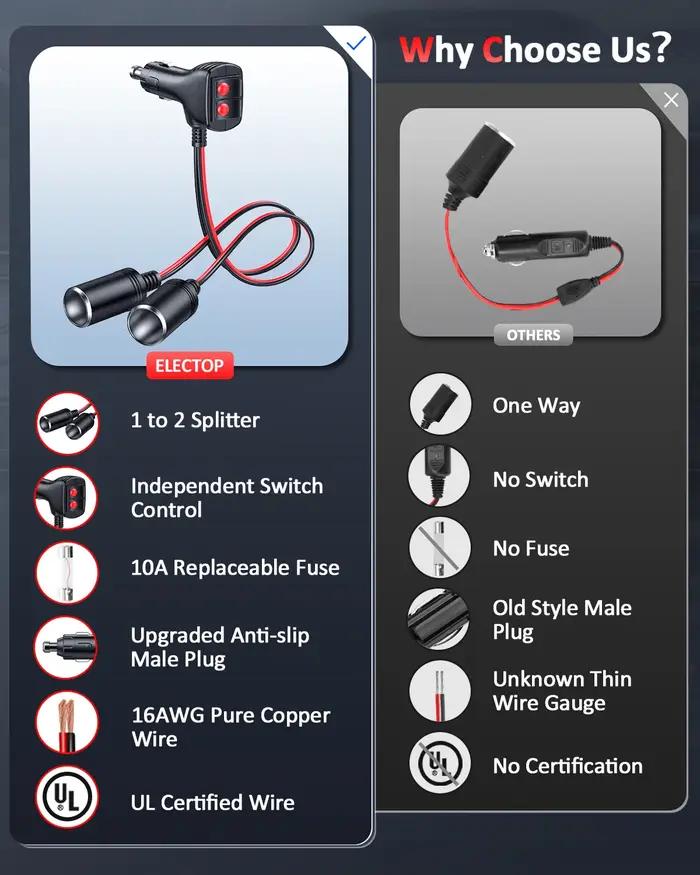 Anchtek 16AWG 1 à 2 adaptateur séparateur allume-cigare de voiture Port de chargeur d'alimentation p