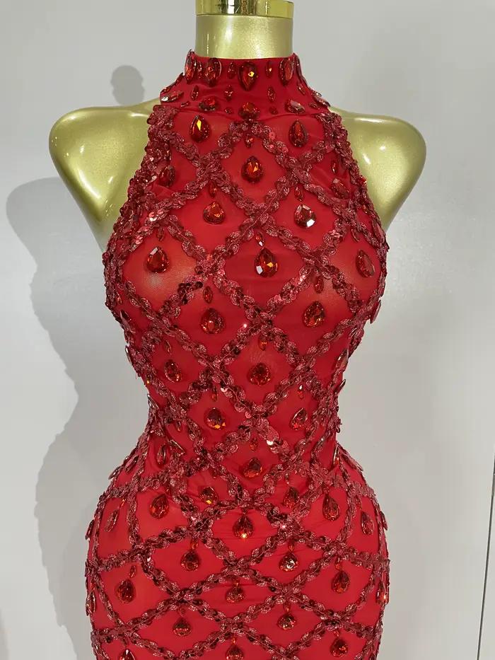 Luxe brillant rouge strass plume Sexy maille voir à travers longue robe femmes anniversaire soirée d