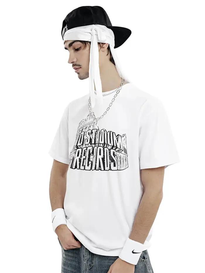 T-shirt pour homme NO STADIUM en coton, manches courtes, style oversize, imprimé vintage, streetwear Harajuku, mode coréenne