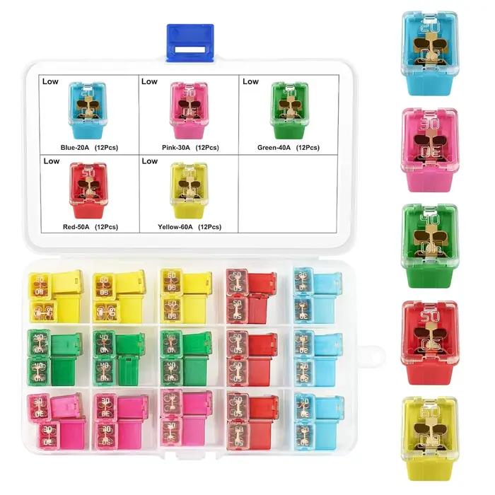 Kit de 60 fusibles Jcase à profil bas en forme de boîte - Assortiment de fusibles à cartouche, fusib
