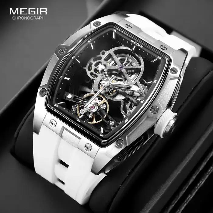 Montre mécanique automatique MEGIR pour homme avec cadran squelette et bracelet silicone étanche sport