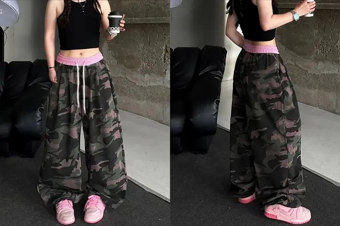 Pantalon décontracté rose tendance à taille haute