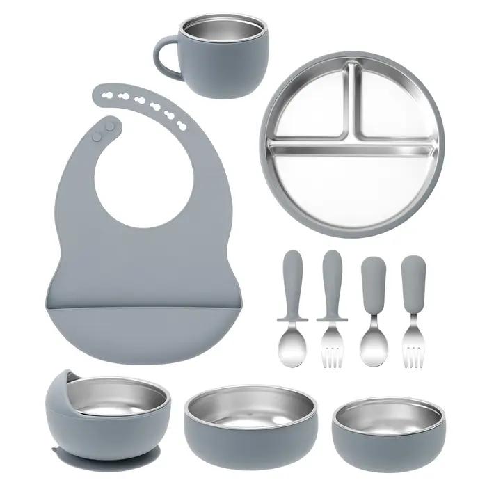Ensemble d'alimentation pour enfants vaisselle en acier inoxydable et silicone bol détachable assiette pour bébés occasions spéciales repas quotidiens et cadeaux de naissance