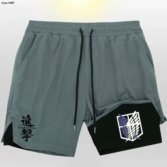 Anime Attack On hommes Gym séchage rapide Jogging Shorts Fitness entraînement course 2 en 1 pantalon